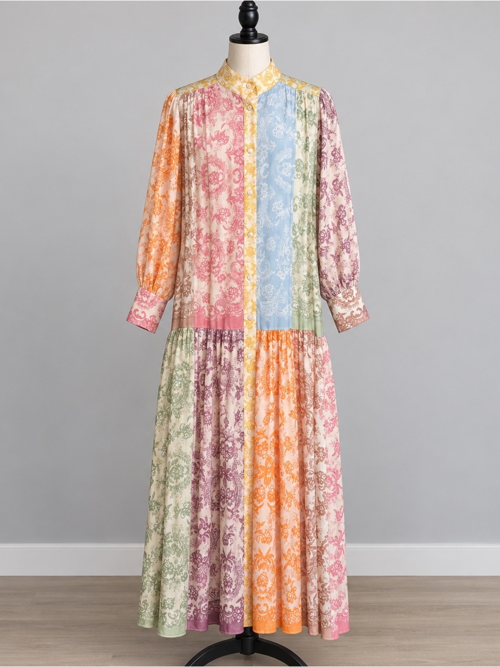 Boutique Pastel Patchwork Paisley Maxi Shirt Dress • Size XL / 1X (No Tag)